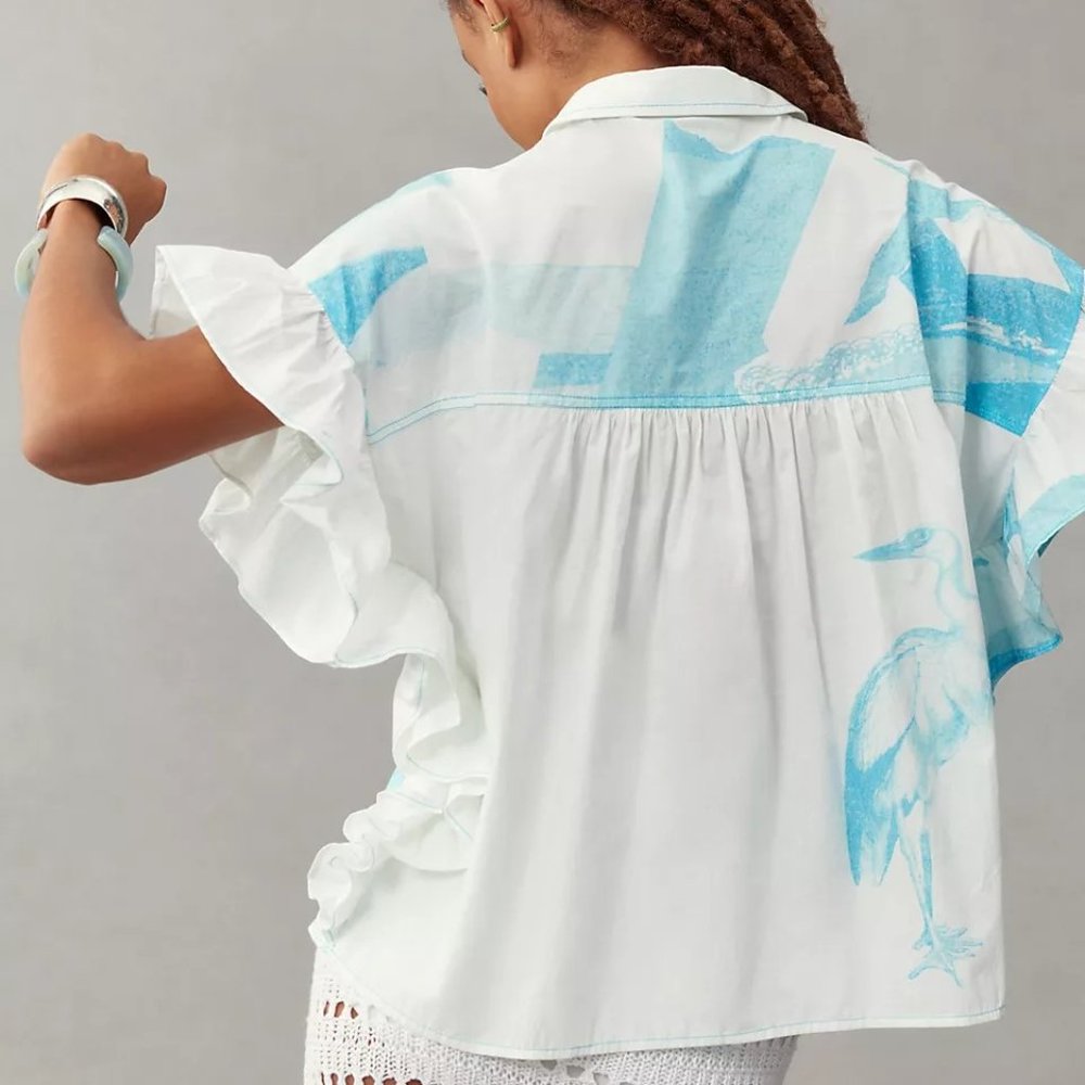 Anthropologie Anne Guest Cyanotype Ruffle-Sleeve Button down Blouse M nwt - Picture 4 of 4